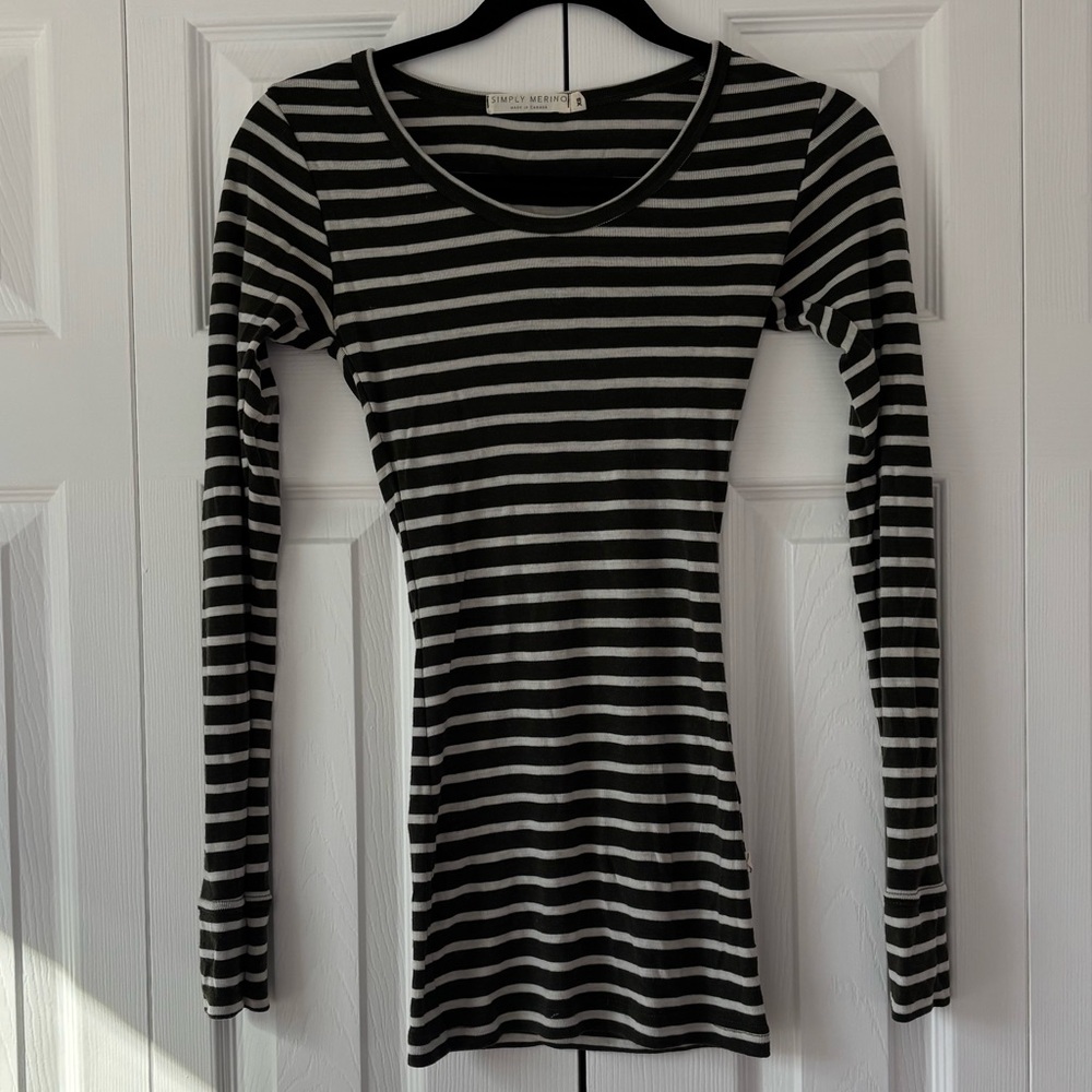 Striped Olive & White Long-Sleeve Slim Merino Wool Tee by Simply Merino